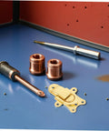 Grab These Golden Zinc Alloy Antique Vintage Toggle Latches on blue surface with screwdrivers and copper fittings for secure wooden cases.