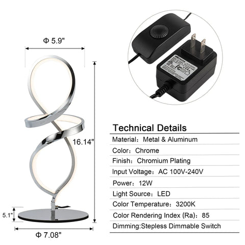 Dope Modern LED Table Lamp With Unique Spiral Design For A Sleek Nightstand, Stepless Dimming, Chrome Finish, dimensions shown