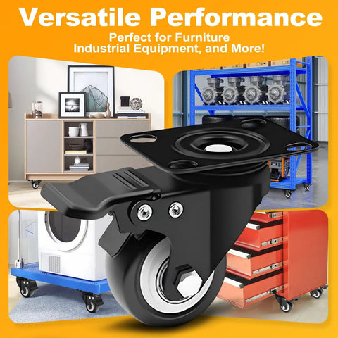 2 Inch Heavy Duty Plate Casters With Brakes, 4 Pack, 600 Lb Capacity, 360 Degree Quiet Swivel Wheels, Polyurethane PU For Furniture