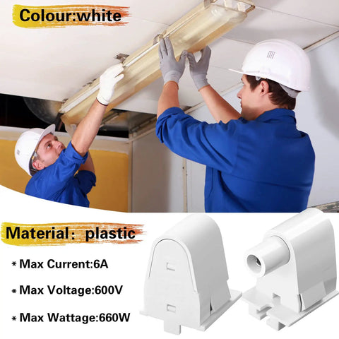 Electricians installing Single Pin FA8 Tombstone Lamp Socket For T8 T10 T12 Fluorescent Tubes, plastic material, white
