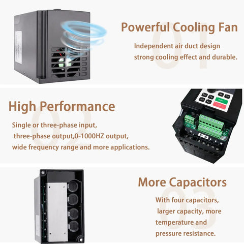 Beefy 1.5KW 2HP 110V AC VFD Converter Single To 3 Phase Inverter displaying cooling fan and capacitors in detail