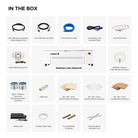 Contents of the Top Tier 50W CO2 RF Laser Engraver And Cutter For Desktop Use With Lightburn Support in the box.