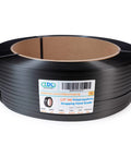 Top Shelf Half Inch By Seventy Two Hundred Foot Polypropylene Strapping Roll Hella Flexible And Tough For Light To Medium Pallet Wrapping And Cargo Securing Boss Grade, black strap roll on spool.