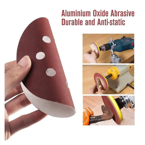 Super Smooth Results With 200 Pcs Of 5 Inch Sanding Discs Featuring Hook Loop Backing And Dust Vent Holes For Orbital Sanders In 40 To 180 Grit Sizes Ready For Any DIY Project Today, showing a hand holding a sanding disc.