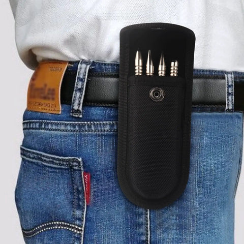 Heavy Duty Spring Nail Set With Heat Treated Steel And Accurate Size Marked Punches That Make Setting Fasteners A Breeze And Removing Hinge Pins A Total Cinch stored in a black pouch attached to a jeans pocket.