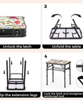 Small Camping Table With Vintage French Floral Pattern Folding Design Adjustable Height Lightweight Portable Picnic Table With Carry Handle For Patio Living Room And Travel shown unfolding step-by-step.
