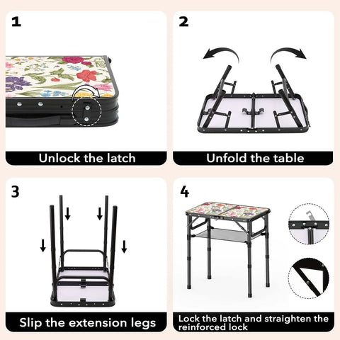 Small Camping Table With Vintage French Floral Pattern Folding Design Adjustable Height Lightweight Portable Picnic Table With Carry Handle For Patio Living Room And Travel shown unfolding step-by-step.