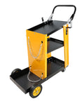 Heavy Duty Multi-Function Welder Trolley For Mig Tig Arc Plasma Cutter With Four Drawer Chest And Safety Chains Moves Effortlessly Across Workshop Floors No Sweat, yellow and black mobile cart with three shelves and chains.