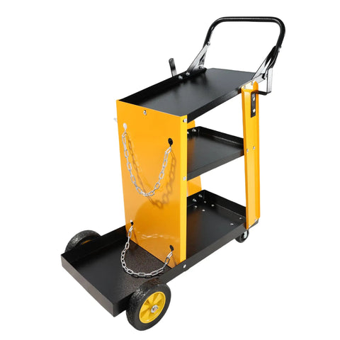 Heavy Duty Rolling Welding Cart With Wheels For Welder And Plasma Cutter, featuring three shelves and gas bottle chains