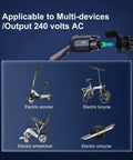 No Sweat J1772 To Nema 5 15 And 5 20 Outlet Adapter With Short Cable Three Way Sockets for 240 Volt AC Chargers and gear, showing electric scooter, bicycle, wheelchair, and unicycle.