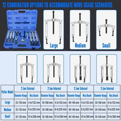 6 In 1 Gear Puller Set With 13 Pieces Including 2 Jaw And 3 Jaw Bearing Puller Kit displayed in open blue case with tools