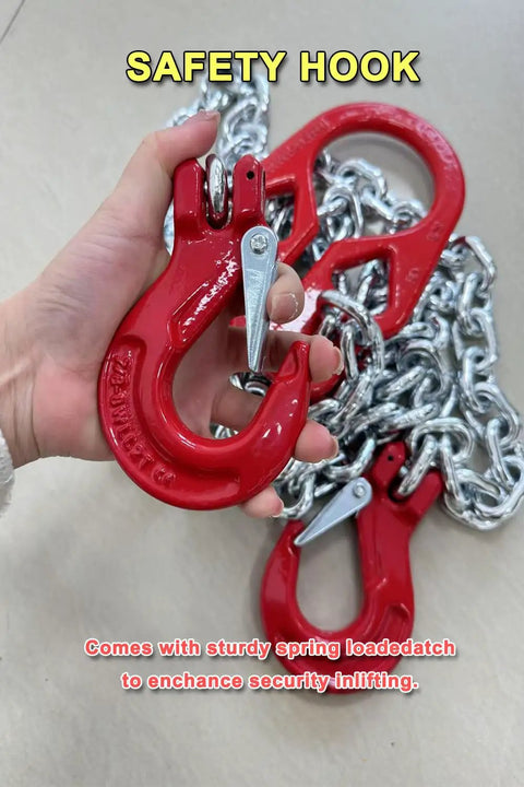 Workhorse Heavy Duty Chain Sling 6613 Lbs Capacity 5/16 Inch By 10 Ft Two Leg Adjustable Hoist Slings With Safety Hooks For Industrial Engine Lifts And Heavy Lifting Jobs, red safety hook with spring latch on chain