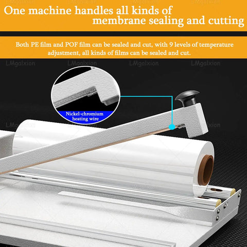GFJYKDL 1800W Adjustable Heat Shrink Wrap Machine showing nickel-chromium heating wire and film roll for sealing and cutting.