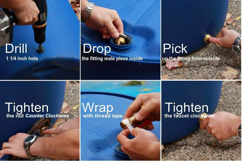 Installation steps for Brass Rain Barrel Spigot Three Quarter Inch Ball Valve With Bulkhead Fitting And Thread Tape Lead Free Made In USA