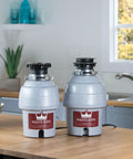 Two Waste King garbage disposals on kitchen counter. High Speed Kitchen Garbage Disposal With Power Cord Food Waste Disposer 2700 RPM 115V Motor Sound Insulated EZ Mount For Quick Install Removable Splash Guard Easy Cleaning.