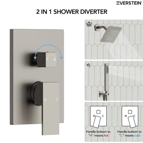 2 in 1 Shower Diverter with Brushed Nickel finish for EVERSTEIN 6" Wall Mount Shower System with Handheld Spray.