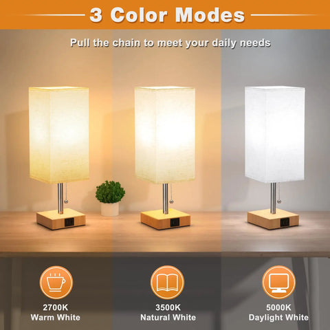 Bedside Lamp With USB C And USB A Ports 3 Color Modes From 2700K To 5000K Pull Chain Nightstand Table Lamp for various lighting.