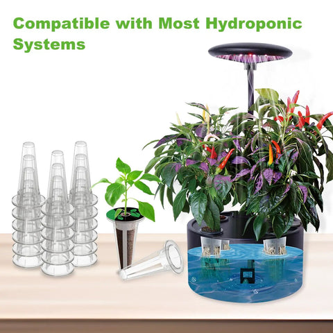 50 Pack Hydroponic Grow Baskets With 51 Seed Pod Labels, Durable Reusable Plastic Replacement Garden DIY Accessories displayed with plants