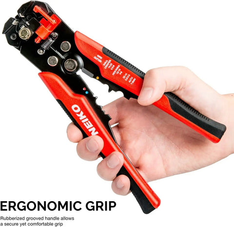 3 In 1 Automatic Wire Stripper Cutter And Crimping Tool With Self Adjusting Pliers held in hand for grip illustration