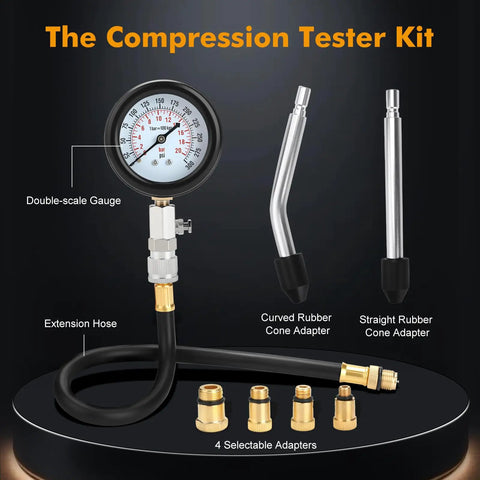 Gas Engine Cylinder Compression Tester Kit, 8 Piece, Automotive Gauge Tool With Three Inch Dual Color Dial, 0 to 300 Psi and 0 to 20 Bar, Quick Pressure Release Button, Includes Two Rubber Cone Ends for Quick Checks