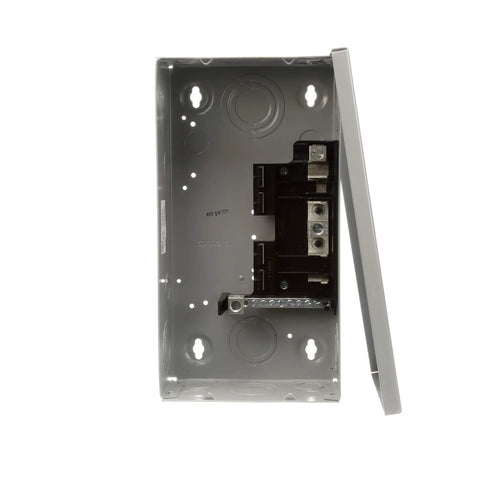 Four Space Eight Circuit Indoor Load Center With 125 Amp Main Lug Surface Mount Electrical Panel For Home Garage Or Workshop Durable Easy Install DIY Friendly Indoor Power Distribution, open gray metal enclosure