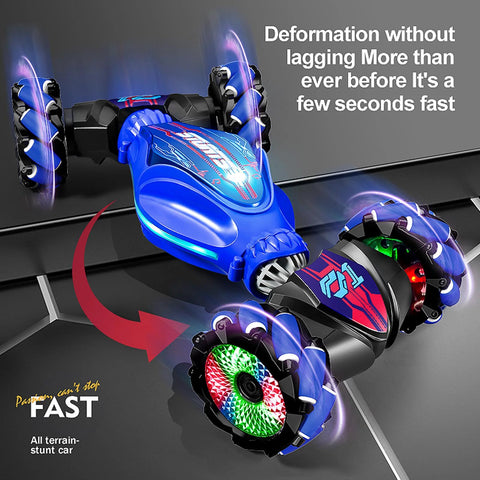 Front view of blue RC stunt car with 360° rotating 4WD and LED-lit wheels