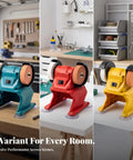 Kickass Compact Bench Grinder Featuring Dual Wheel Sharpening And Polishing Rig With Rugged Suction Base view in turquoise, red, and yellow colors.