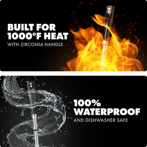 Smart Wireless Meat Thermometer With Ultra Thin Probe for 1000F heat and waterproof, shown with fire and water effects.