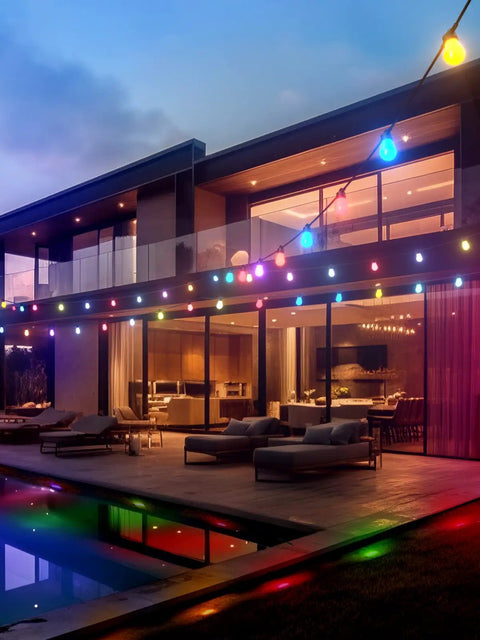 96 Foot Outdoor String Lights With Remote And App Control Dope Dimmable RGB LED Bulbs on modern patio at dusk