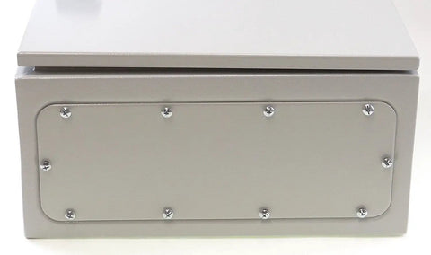 Close-up of front side of Heavy Duty IP66 16 Gauge Metal Enclosure For Indoor Outdoor Wall Mount With Gland Plate And Backplate