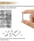 304 Stainless Steel Hex Socket Head Cap Screw Set 212 Pieces M5 Lengths 6 8 12 16 20 25 30mm Includes Nuts Lock Washers Flat Washers Fully Threaded All Purpose Kit displayed in a storage box with a hand holding a screw.
