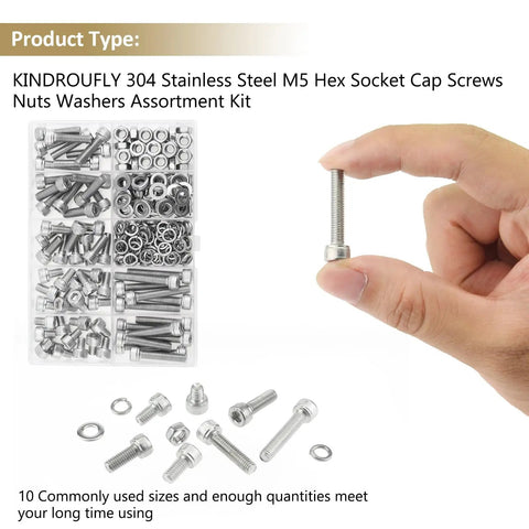 304 Stainless Steel Hex Socket Head Cap Screw Set 212 Pieces M5 Lengths 6 8 12 16 20 25 30mm Includes Nuts Lock Washers Flat Washers Fully Threaded All Purpose Kit displayed in a storage box with a hand holding a screw.