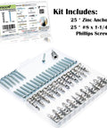 Zinc Self Drilling Drywall Anchors With Screws Kit 25 Heavy Duty Metal Wall Anchors And 25 Size 8 By One And One Quarter Inch Screws
