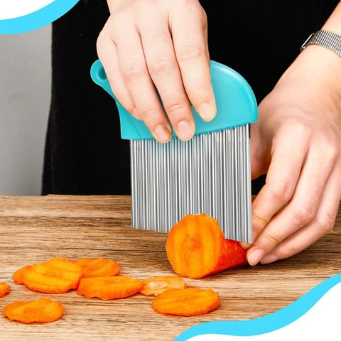 Front view: waffle fry cutter with turquoise handle and protective cover; stainless steel crinkle blade.
