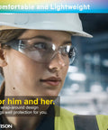 Person wearing 36 Pack ANSI Z87.1 Safety Glasses Bulk With Six Color Frames For Construction Lab Shooting And Nerf Scratch Protection