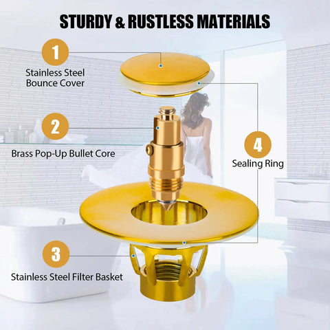 Heavy Duty Bathroom Sink Stopper With Smooth Push Pop Up Drain Plug And Rust Resistant Stainless Steel Strainer That Works Like A Dream To Kick Drain Clogs To The Curb Gold Finish Fits Us Standard Basin Openings