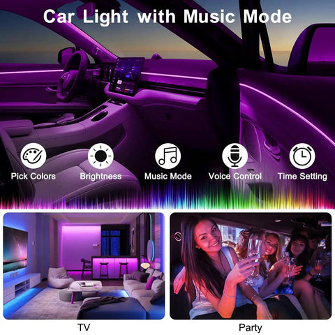 Interior Car LED Strip Lights With Wireless App And Remote Control RGB 2 In 1 Ambient Lighting Kit in music mode inside car