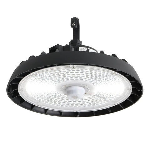 Heavy Duty 200W Led High Bay Shop Light With Motion Sensor, Kickin 26000 Lumens Dimmable Fixture, Slick Ufo Design, Dang Bright 5000K White Glow, Straight Up Black Finish For Warehouses in a close-up view.
