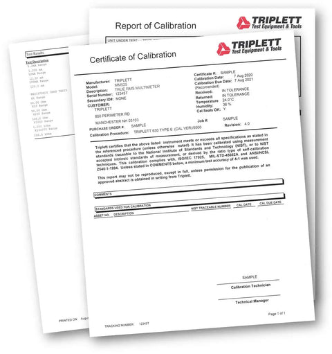 MM525 True RMS 6000 Count Digital Multimeter With NIST Calibration Certificate document displayed on a flat surface
