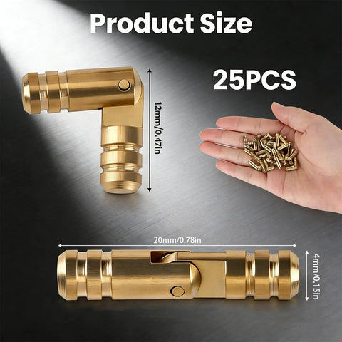 20 Pc Mini Brass Barrel Hinges Set For DIY Crafts Perfect For Wooden Jewelry Boxes Small Cabinets And Cases Hidden Concealed Hinges 0.16 x 0.79 Inches Durable Easy Install Hardware For DIY Junkies, shown with size dimensions and in hand.