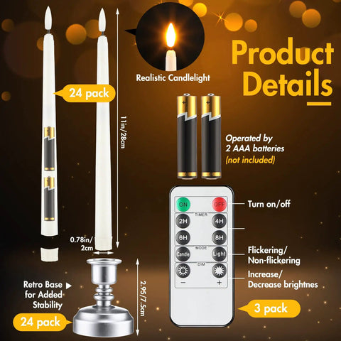 24 Pack Flameless Taper Candles With Remote And Timer, Flickering 3D Flame LED Tapers, silver bases, remote control details.
