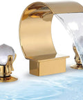 Gold Bathroom Sink Faucet With 3 Hole 2 Handle Crystal Knobs High Arc Waterfall Spout 8 Inch Widespread Vanity Basin Mixer Tap Solid Brass Ceramic Disc No Drip Tub Filler Option For Modern Bathrooms with water flowing from spout