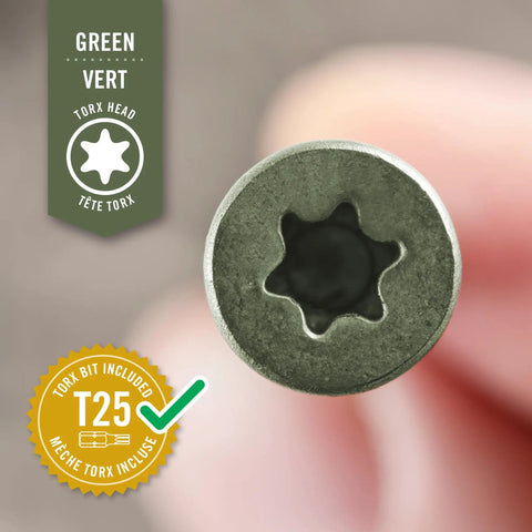 Top Shelf No 10 By 3 Point 5 Inch Torx Deck Screws Flat Out Rust Resistant Green Coating showing Torx head detail.