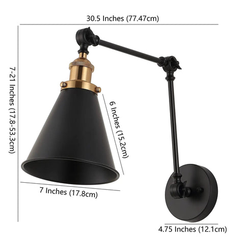 Industrial Style LED Wall Sconce With Adjustable Swing Arm Black And Brass Gold Metal Shade Bedside Reading Light dimensions shown.