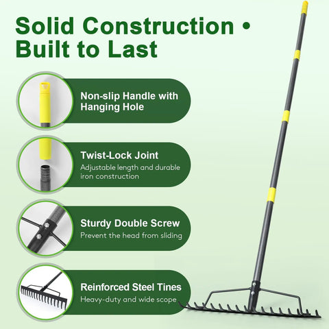 Tough-As-Nails 17 Inch Metal Bow Rake With XL Cowhide Gloves And 65 Inch Adjustable Steel Handle For Yard Cleanup features