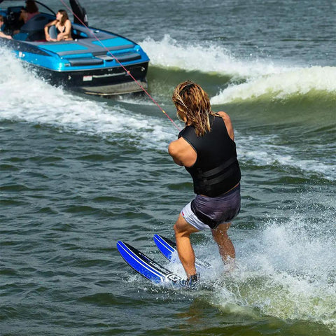 Adult Water Skis Celebrity Ski Combo for beginners to pros 68 inch blue with dual tunnel design in action on the water