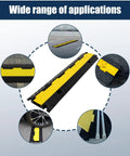 Image of Three Pack 2 Channel Cable Protector Ramps BeefedUp Built Tough For 11000 Lbs Per Axle in yellow and black with various uses.
