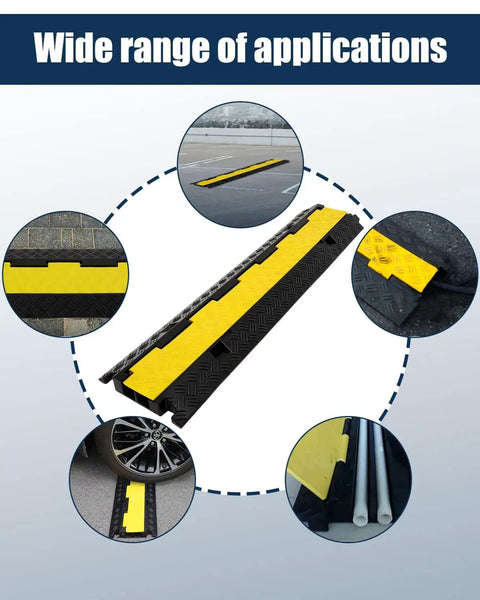 Image of Three Pack 2 Channel Cable Protector Ramps BeefedUp Built Tough For 11000 Lbs Per Axle in yellow and black with various uses.