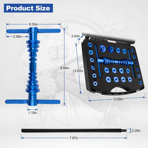 25 Piece Bicycle Bearing Press Kit For Wheel Hubs And Bottom Brackets With Cone Design Blocks, Aluminum Alloy, Product Size Display
