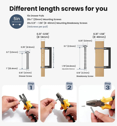 Different screw lengths for Bombproof Solid Zinc Alloy Matte Black Cabinet Handles 5 Inch Center To Center Kitchen Pulls 10 Pack.